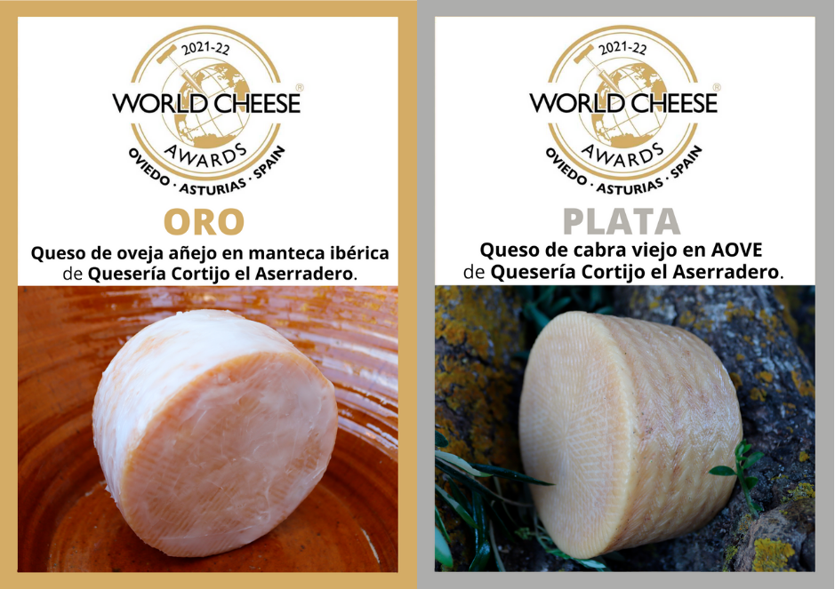 El queso de oveja viejo con manteca ibérica y el queso de cabra viejo en AOVE de la Quesería Cortijo el Aserradero entre los mejores del mundo